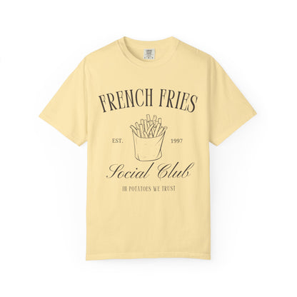 T-shirt with French Fries Social Club design featuring hand-drawn fries illustration and vintage typography