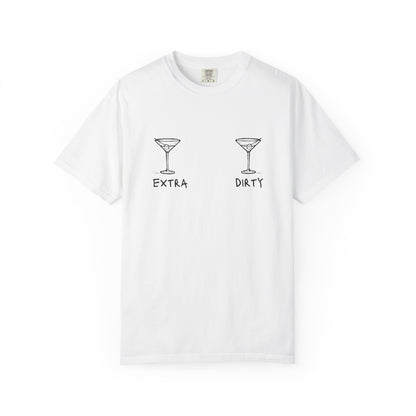 T-shirt with two martini glass illustrations and 'Extra' and 'Dirty' text in black