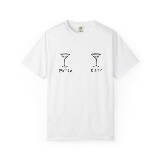 T-shirt with two martini glass illustrations and 'Extra' and 'Dirty' text in black