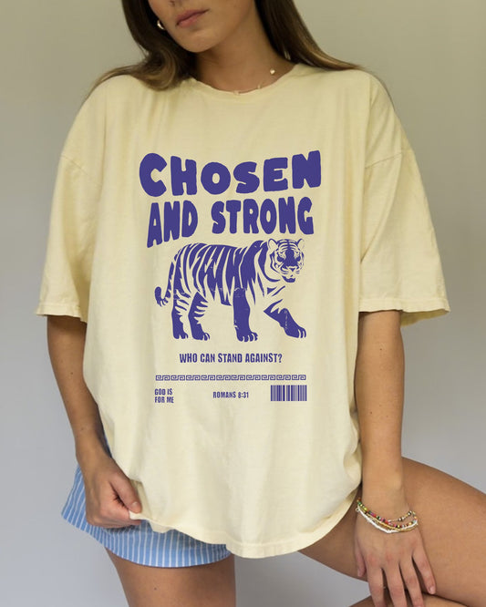 Christian t-shirt with tiger graphic and 'Chosen and Strong' text featuring Romans 8:31 verse
