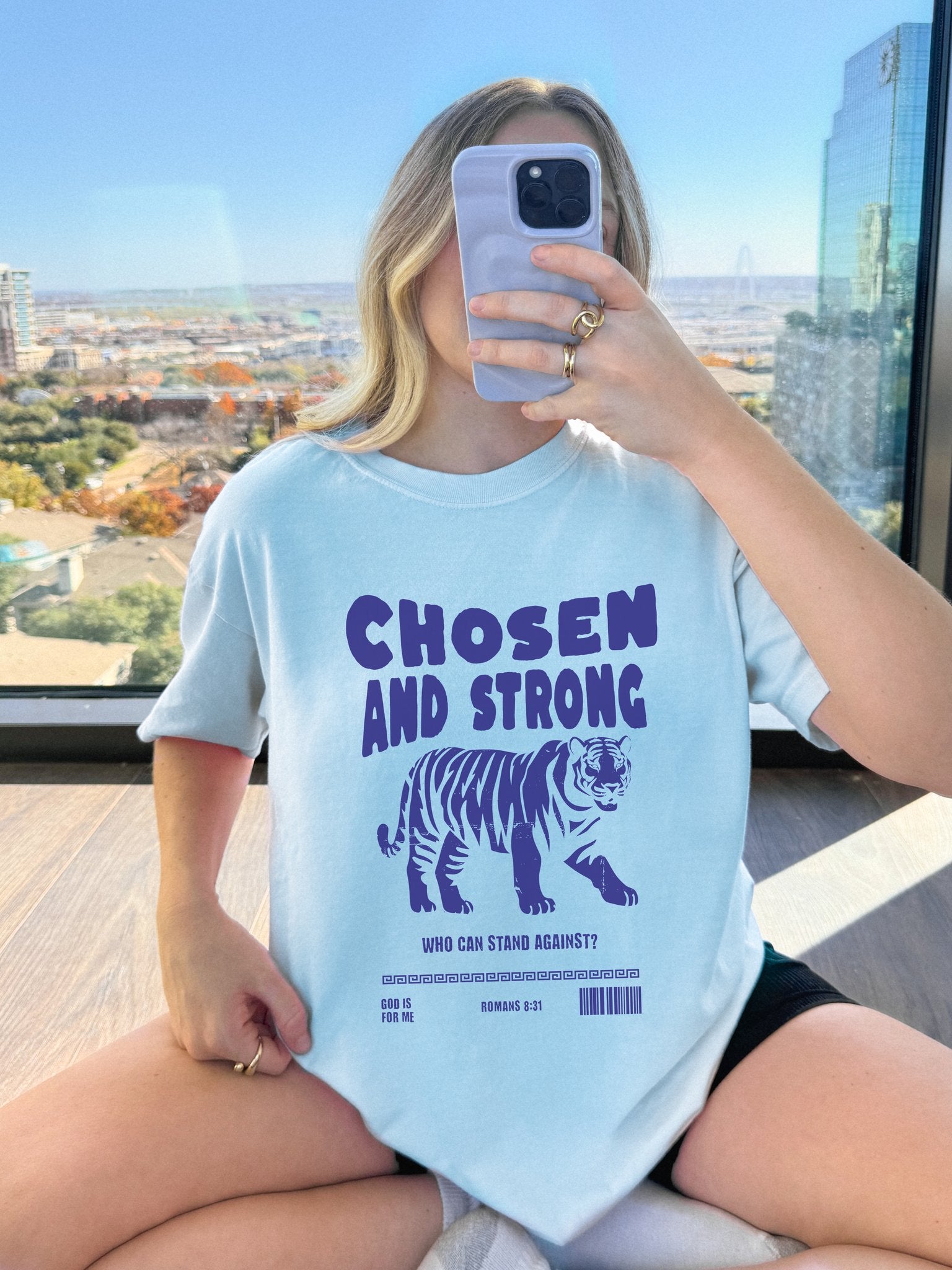 Christian t-shirt with tiger graphic and 'Chosen and Strong' text featuring Romans 8:31 verse