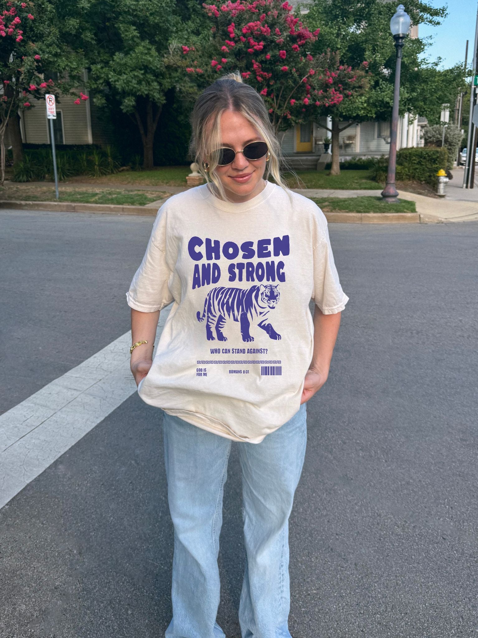 Christian t-shirt with tiger graphic and 'Chosen and Strong' text featuring Romans 8:31 verse