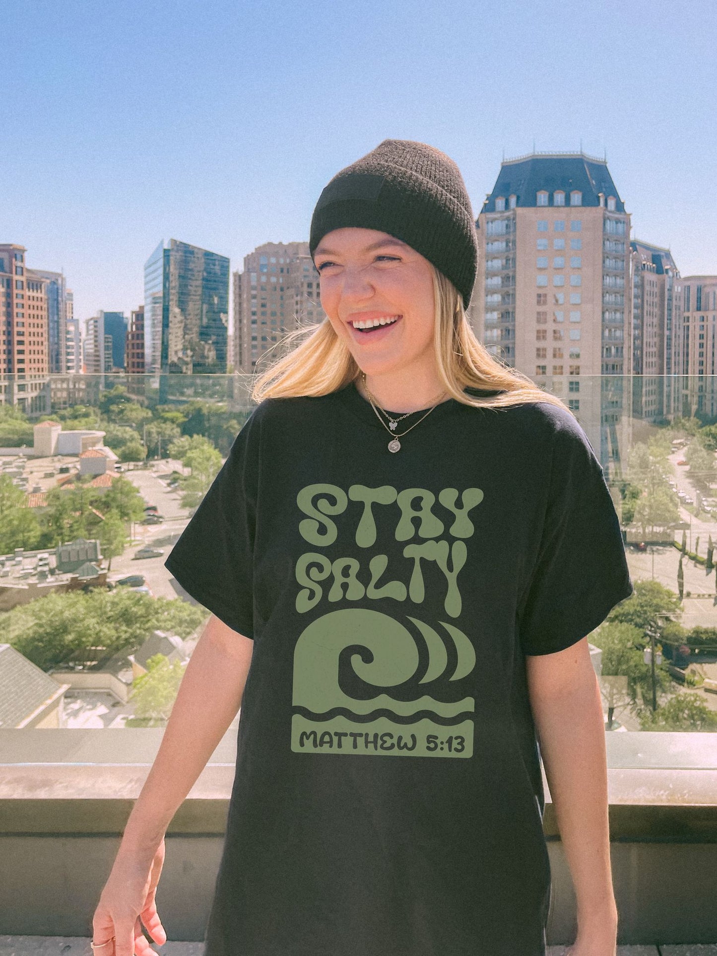 Stay Salty Matthew 5:13 t-shirt with retro wave design in sage green christian graphic