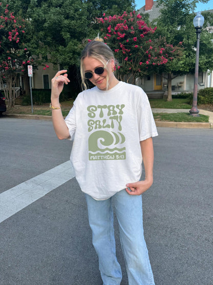 Stay Salty Matthew 5:13 t-shirt with retro wave design in sage green christian graphic