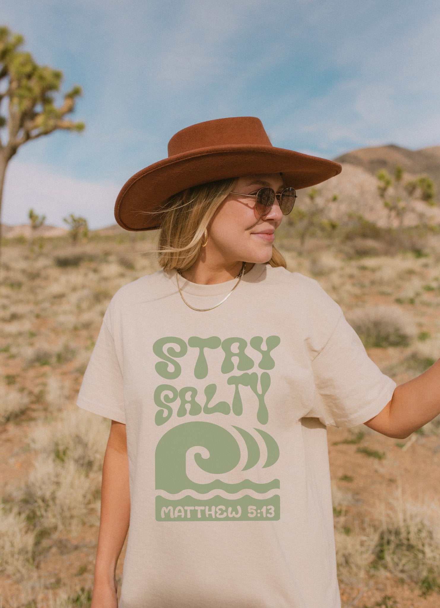 Stay Salty Matthew 5:13 t-shirt with retro wave design in sage green christian graphic