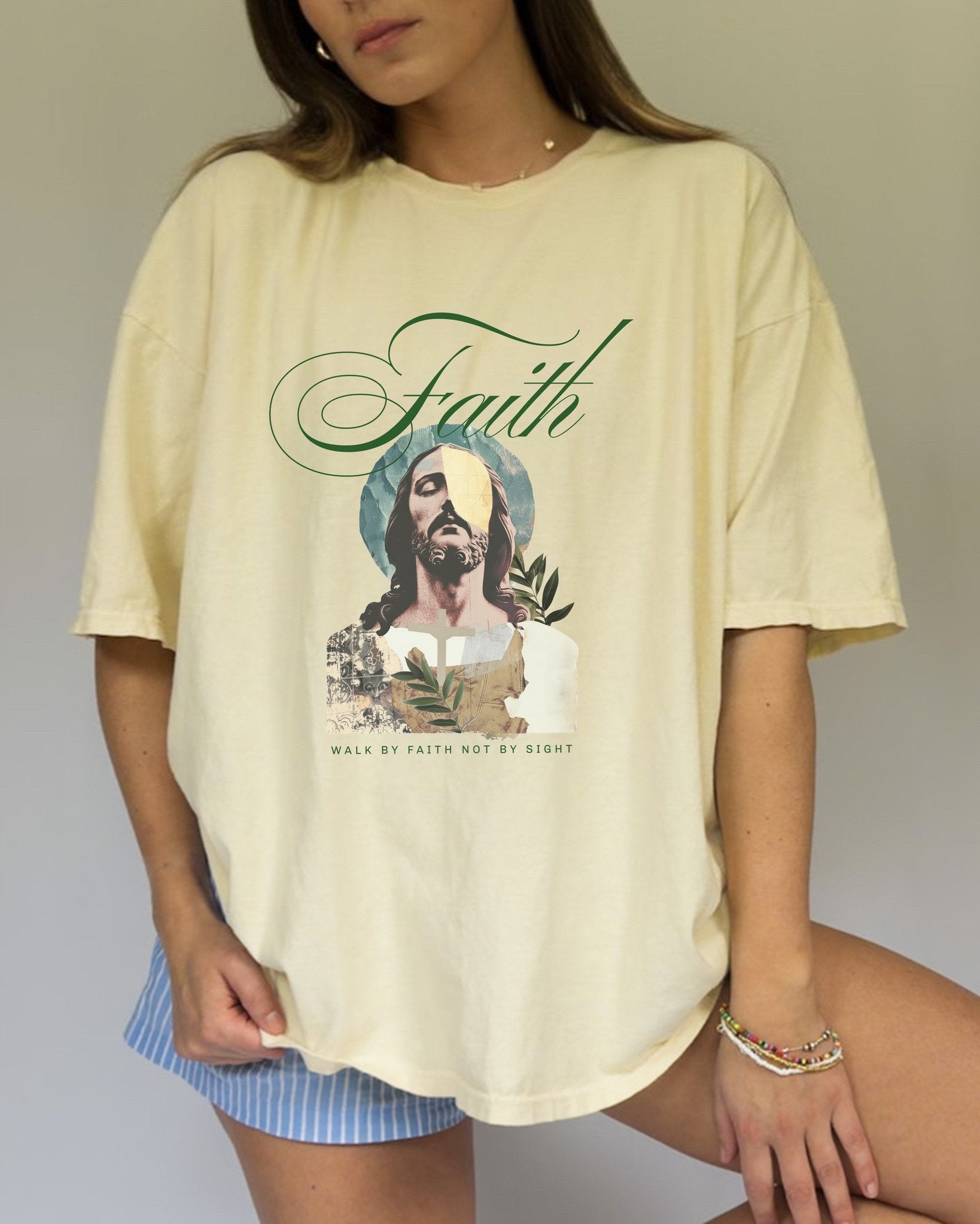 Jesus t-shirt with artistic collage design featuring Christ's face and Walk By Faith Not By Sight text