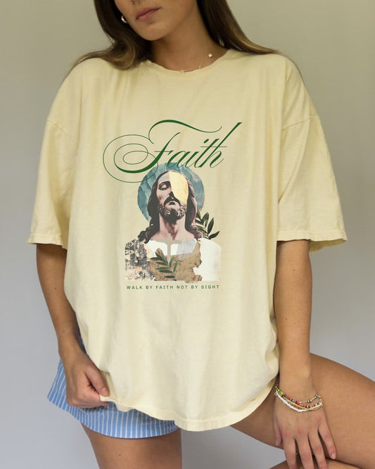 Jesus t-shirt with artistic collage design featuring Christ's face and Walk By Faith Not By Sight text