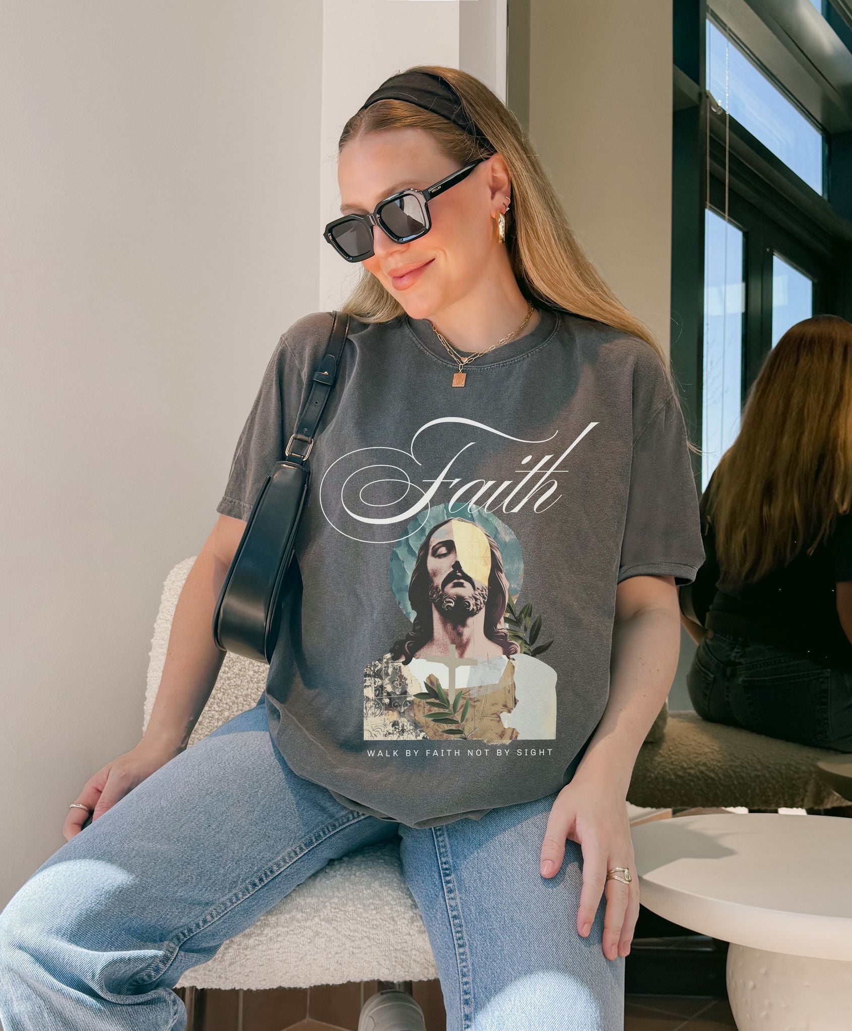 Jesus t-shirt with artistic collage design featuring Christ's face and Walk By Faith Not By Sight text