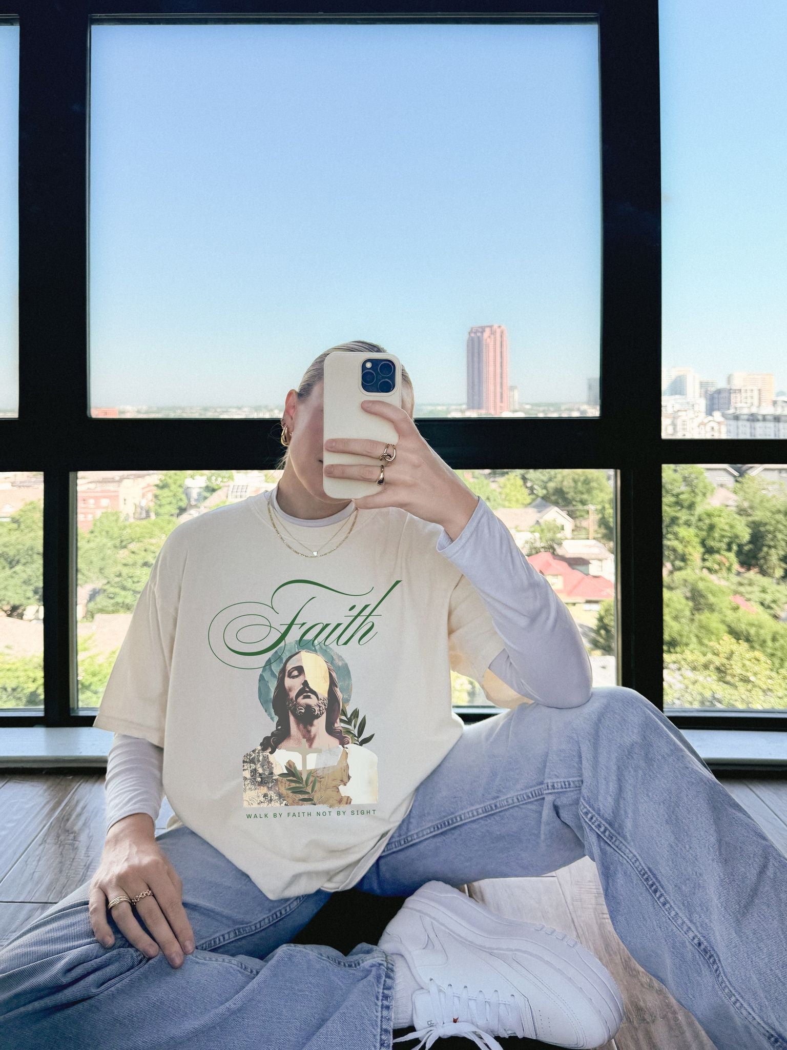 Jesus t-shirt with artistic collage design featuring Christ's face and Walk By Faith Not By Sight text