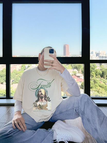 Jesus t-shirt with artistic collage design featuring Christ's face and Walk By Faith Not By Sight text