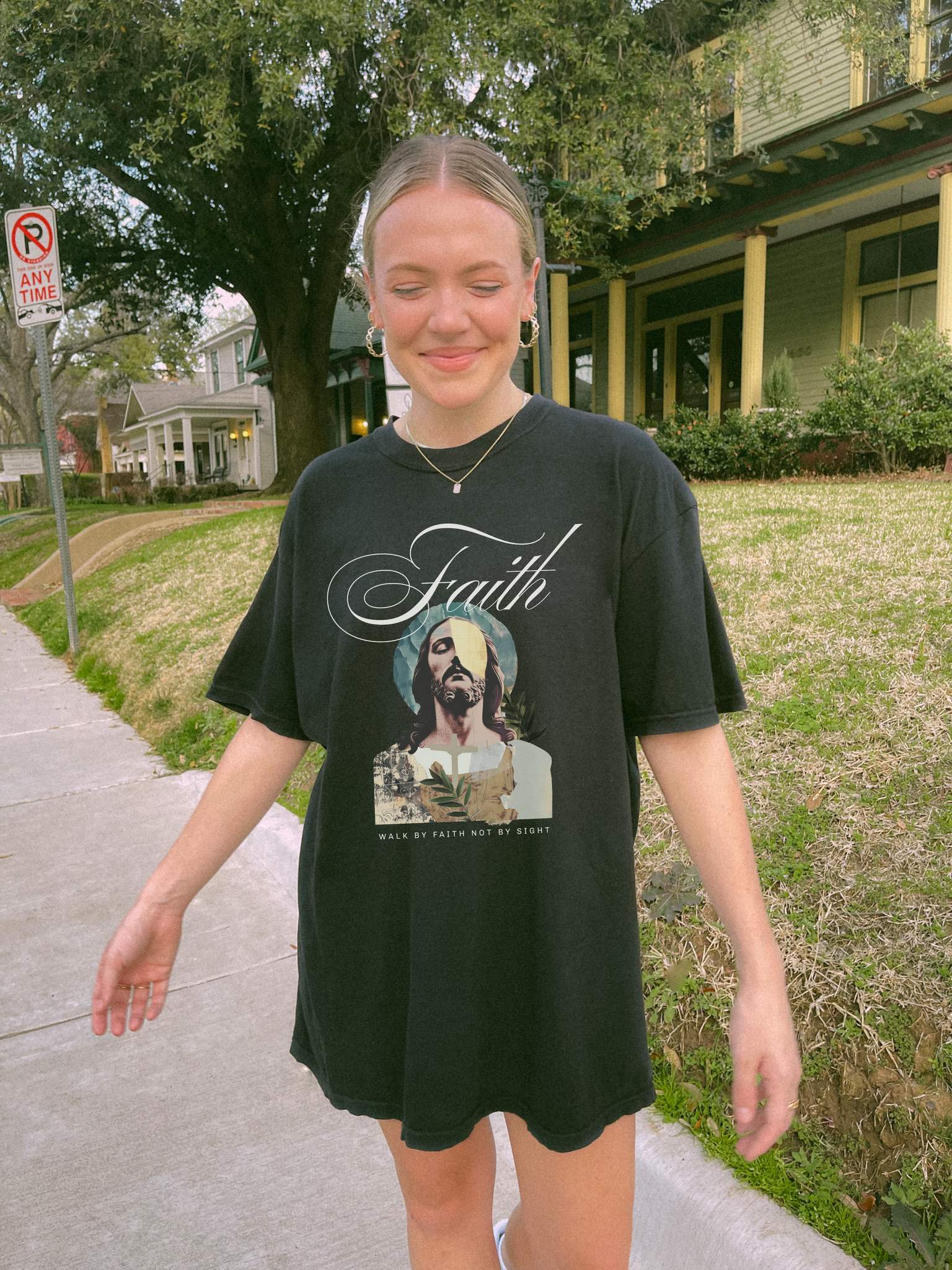 Jesus t-shirt with artistic collage design featuring Christ's face and Walk By Faith Not By Sight text
