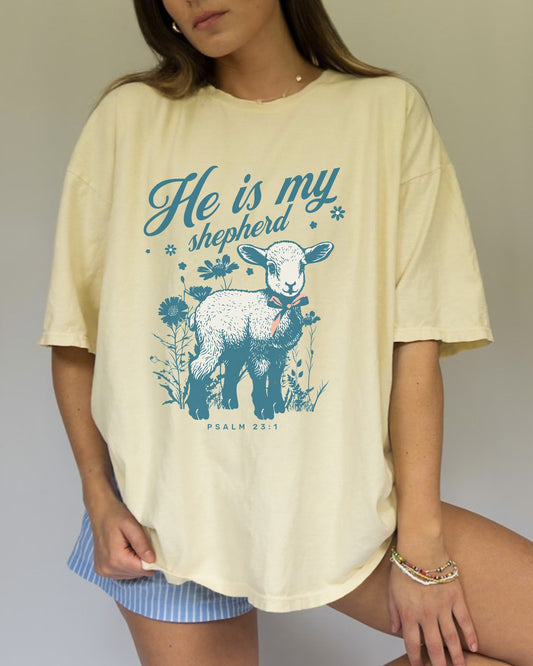 Christian t-shirt featuring adorable lamb with wildflowers and 'He Is My Shepherd' text in teal
