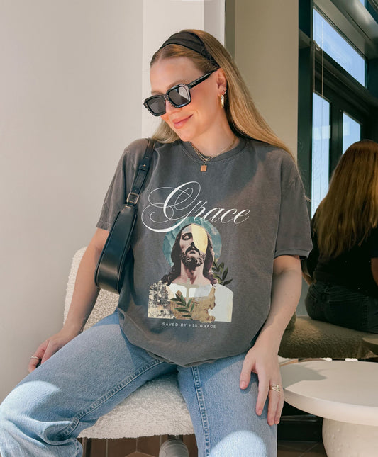 Christian t-shirt featuring artistic Jesus portrait with Grace text and cross design in vintage style