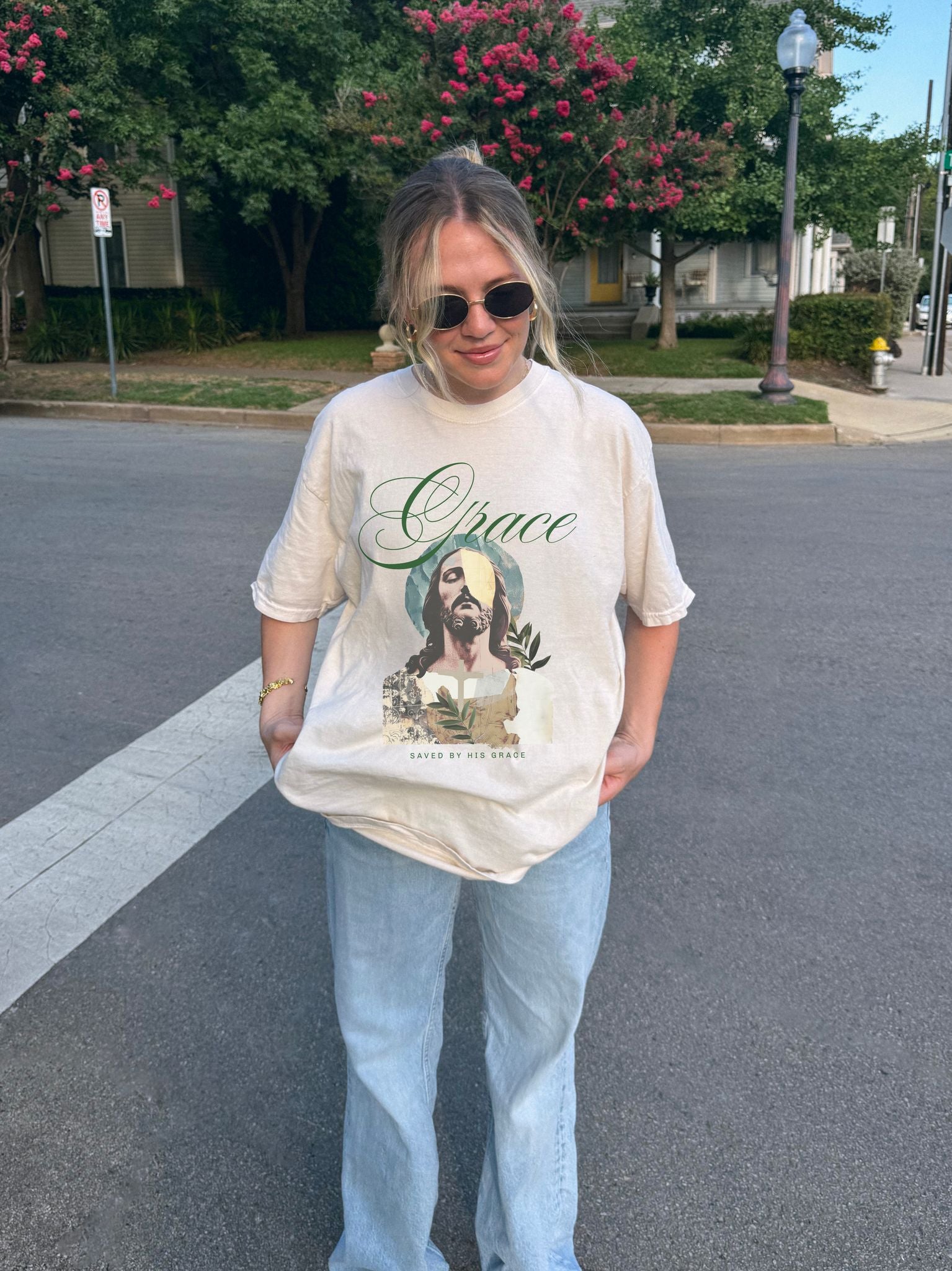 Christian t-shirt featuring artistic Jesus portrait with Grace text and cross design in vintage style