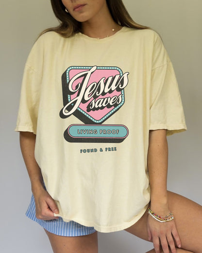 T-shirt with retro Jesus Saves design in pink and blue with distressed vintage styling