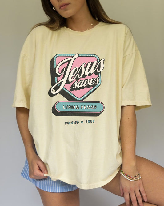 T-shirt with retro Jesus Saves design in pink and blue with distressed vintage styling