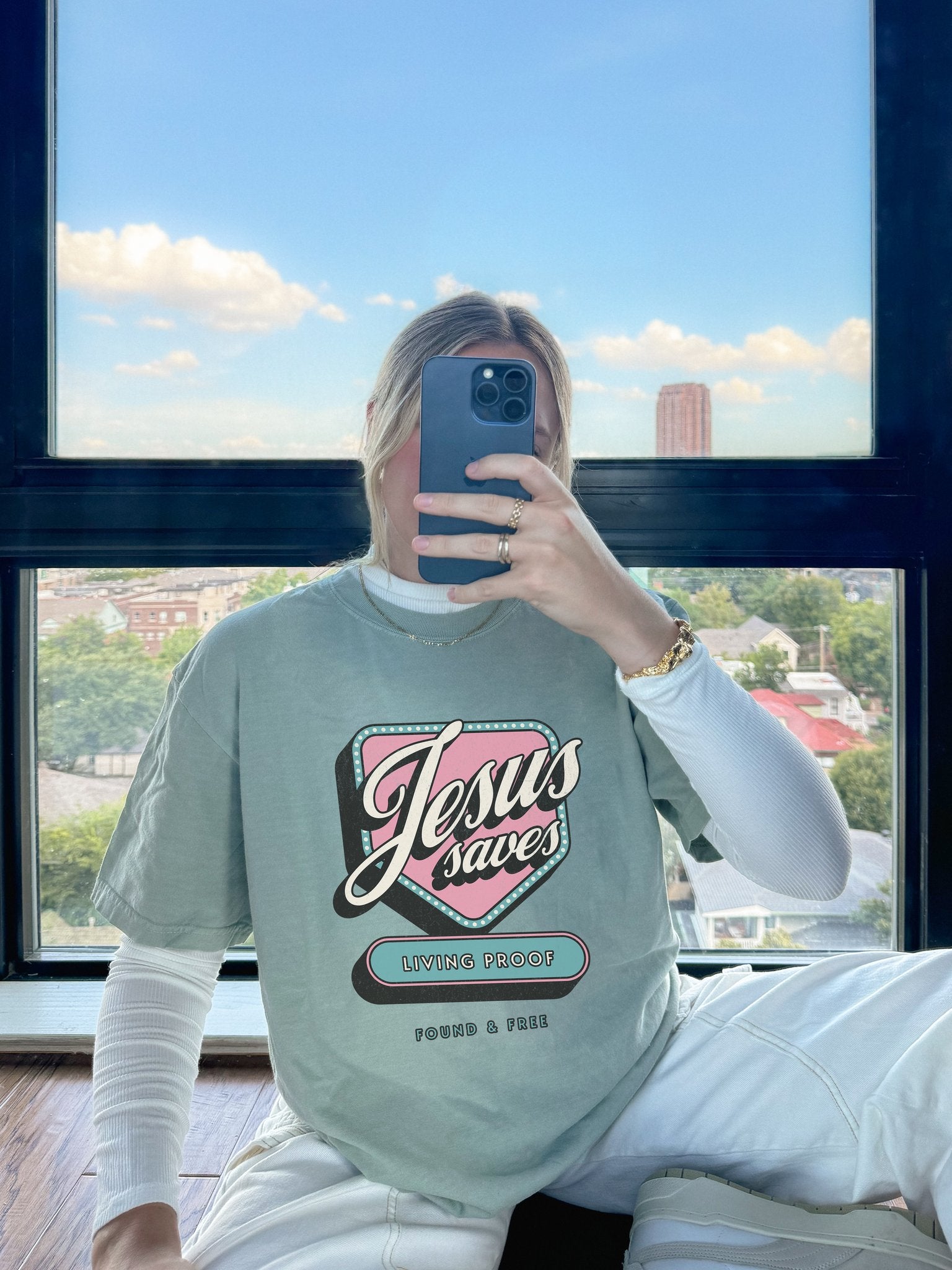 T-shirt with retro Jesus Saves design in pink and blue with distressed vintage styling
