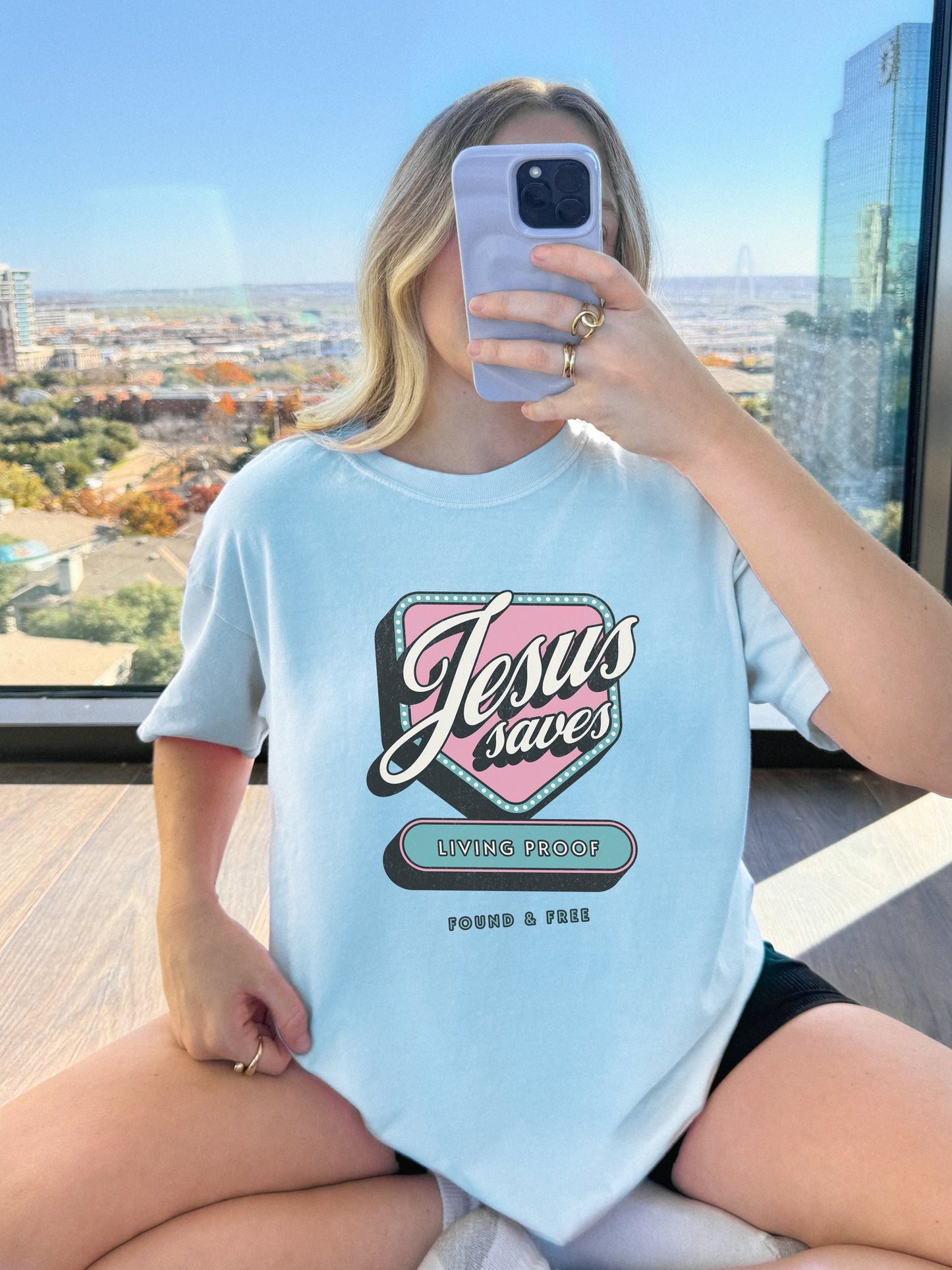T-shirt with retro Jesus Saves design in pink and blue with distressed vintage styling