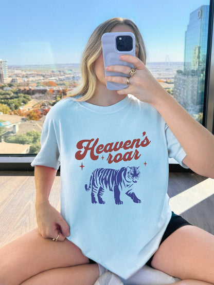T-shirt with retro Heaven's roar text in red and blue tiger graphic design