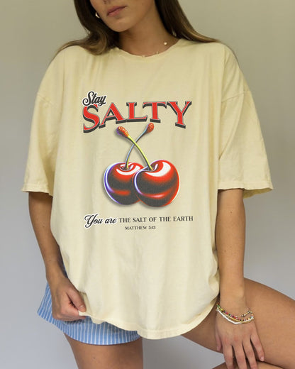 T-shirt with retro Stay Salty text and vintage cherry design featuring Matthew 5:13 scripture