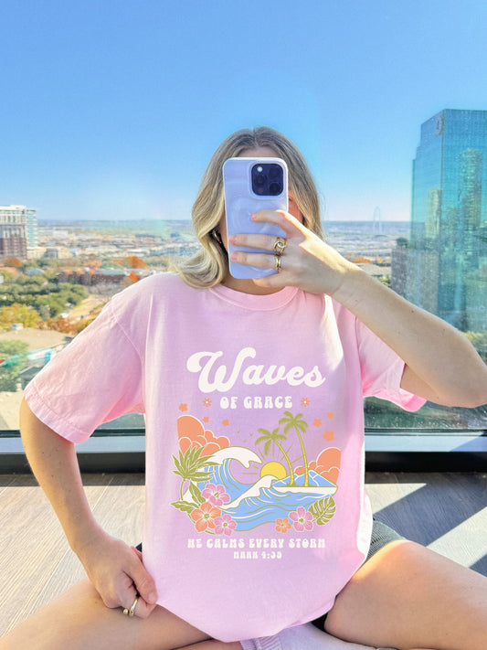 T-shirt with tropical ocean waves, palm trees, hibiscus flowers and 'Waves of Grace' scripture design
