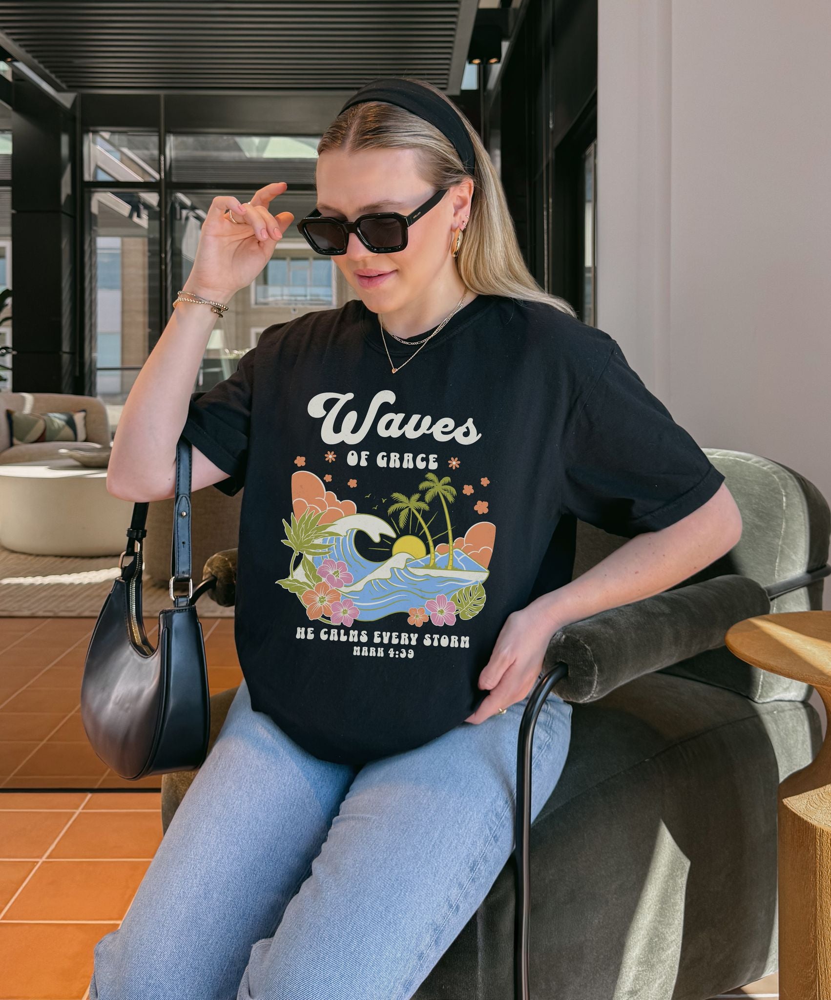 T-shirt with tropical ocean waves, palm trees, hibiscus flowers and 'Waves of Grace' scripture design