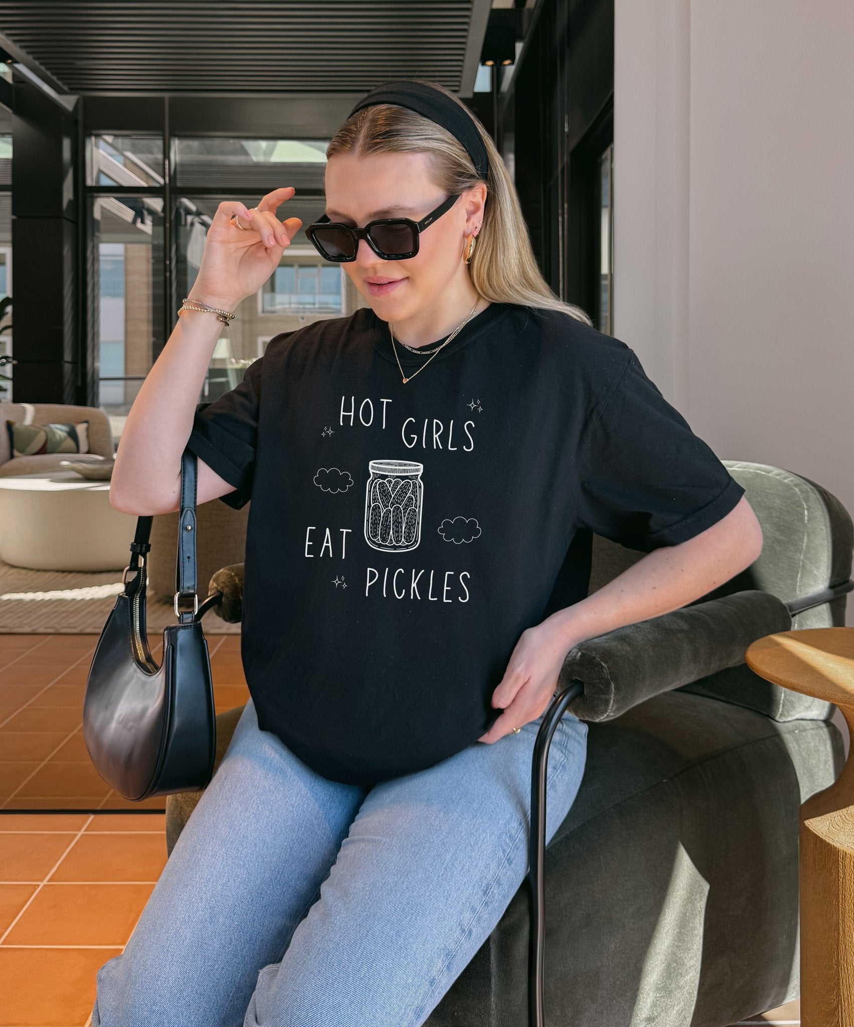 T-shirt with hand-lettered 'Hot Girls Eat Pickles' text and illustrated pickle jar with clouds