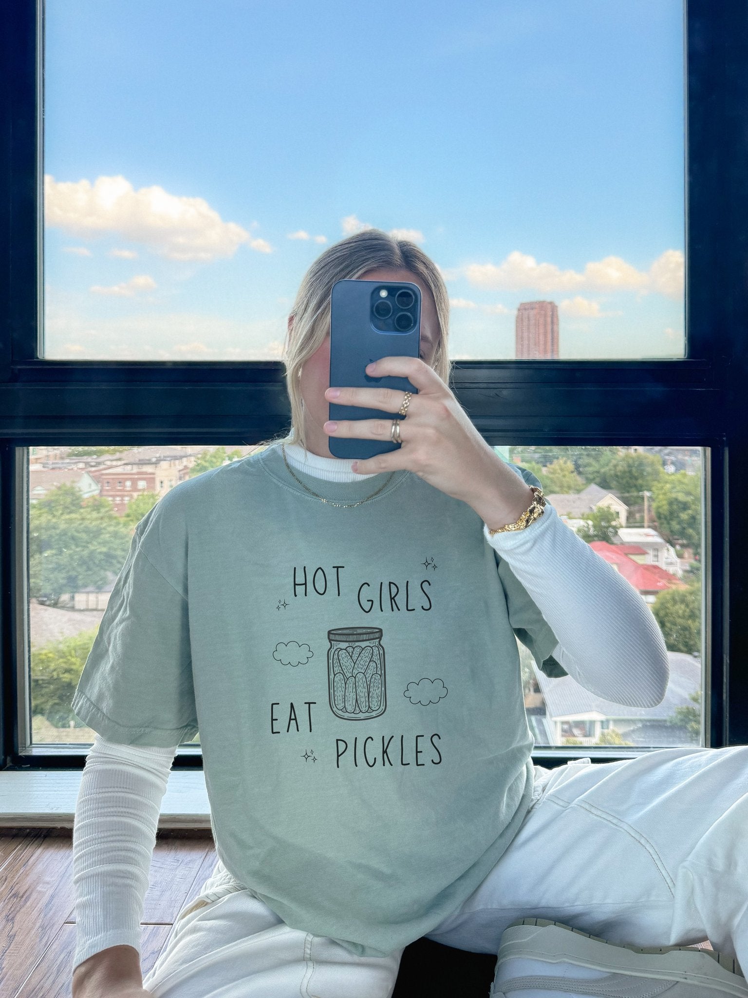 T-shirt with hand-lettered 'Hot Girls Eat Pickles' text and illustrated pickle jar with clouds