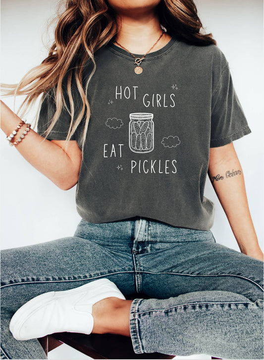 T-shirt with hand-lettered 'Hot Girls Eat Pickles' text and illustrated pickle jar with clouds