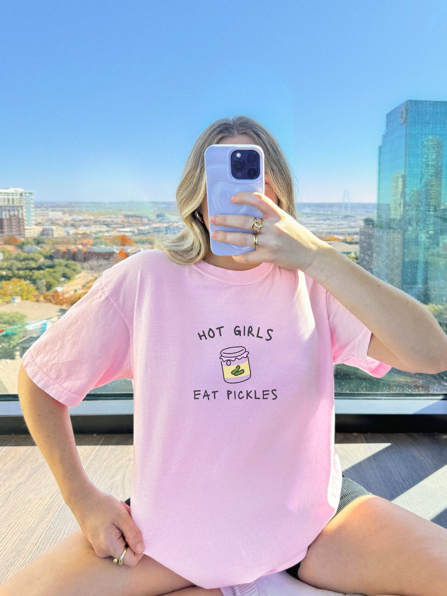 T-shirt with 'Hot Girls Eat Pickles' text and cute pickle jar illustration in pink and yellow