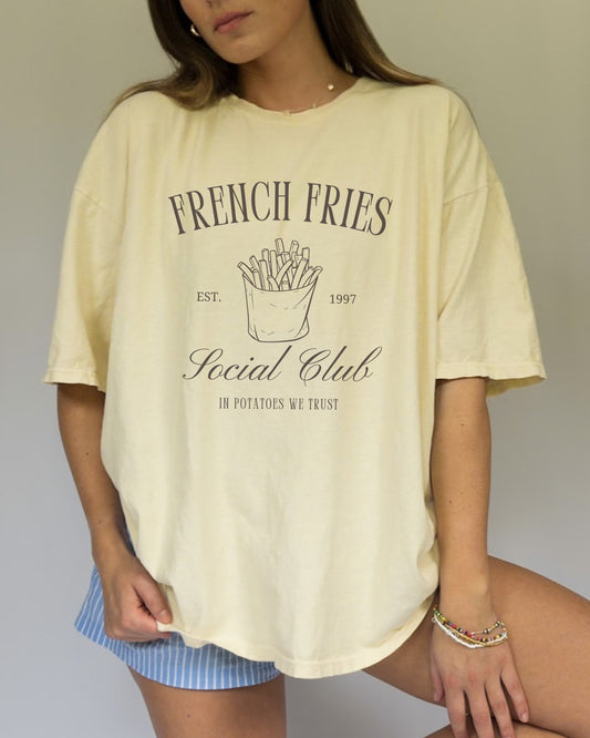 T-shirt with French Fries Social Club design featuring hand-drawn fries illustration and vintage typography