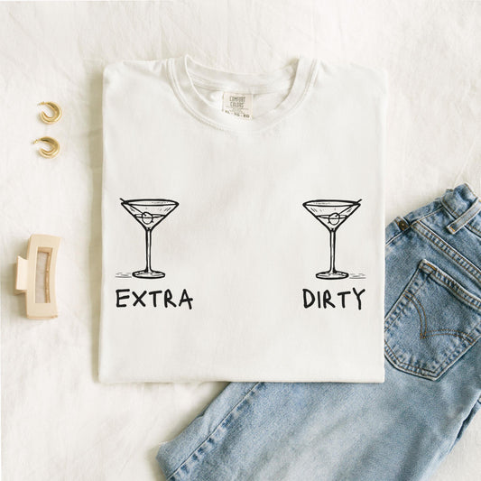T-shirt with two martini glass illustrations and 'Extra' and 'Dirty' text in black