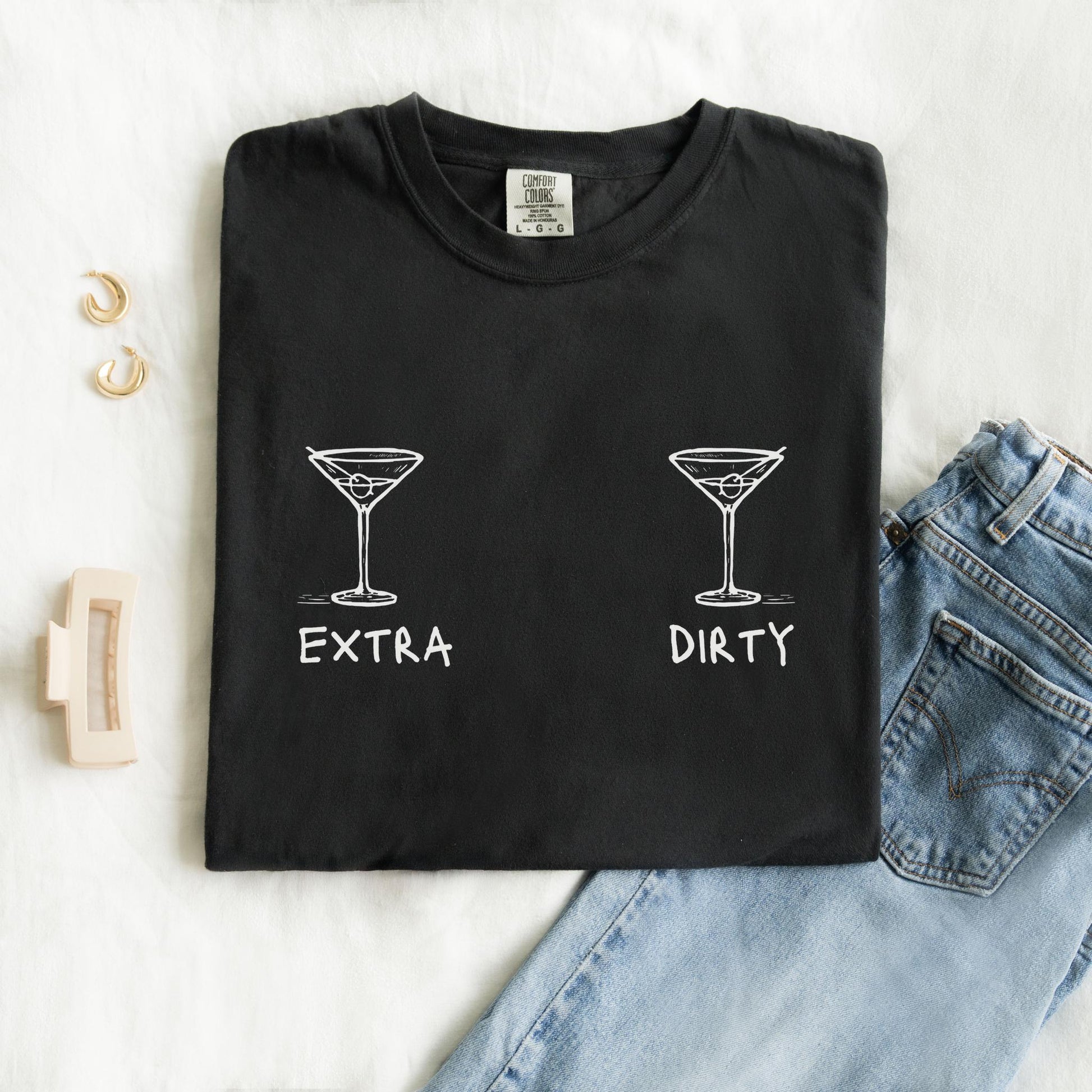 T-shirt with two martini glass illustrations and 'Extra' and 'Dirty' text in black