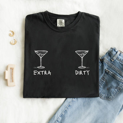T-shirt with two martini glass illustrations and 'Extra' and 'Dirty' text in black