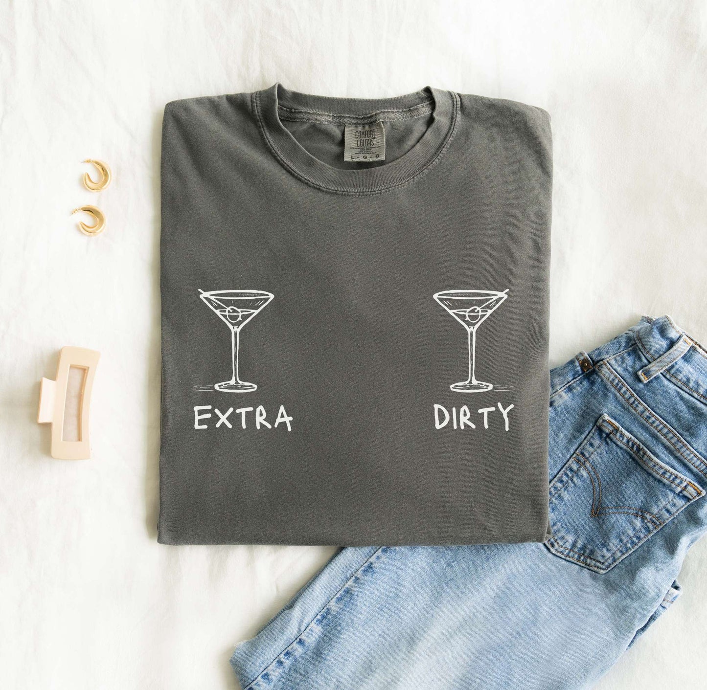 T-shirt with two martini glass illustrations and 'Extra' and 'Dirty' text in black