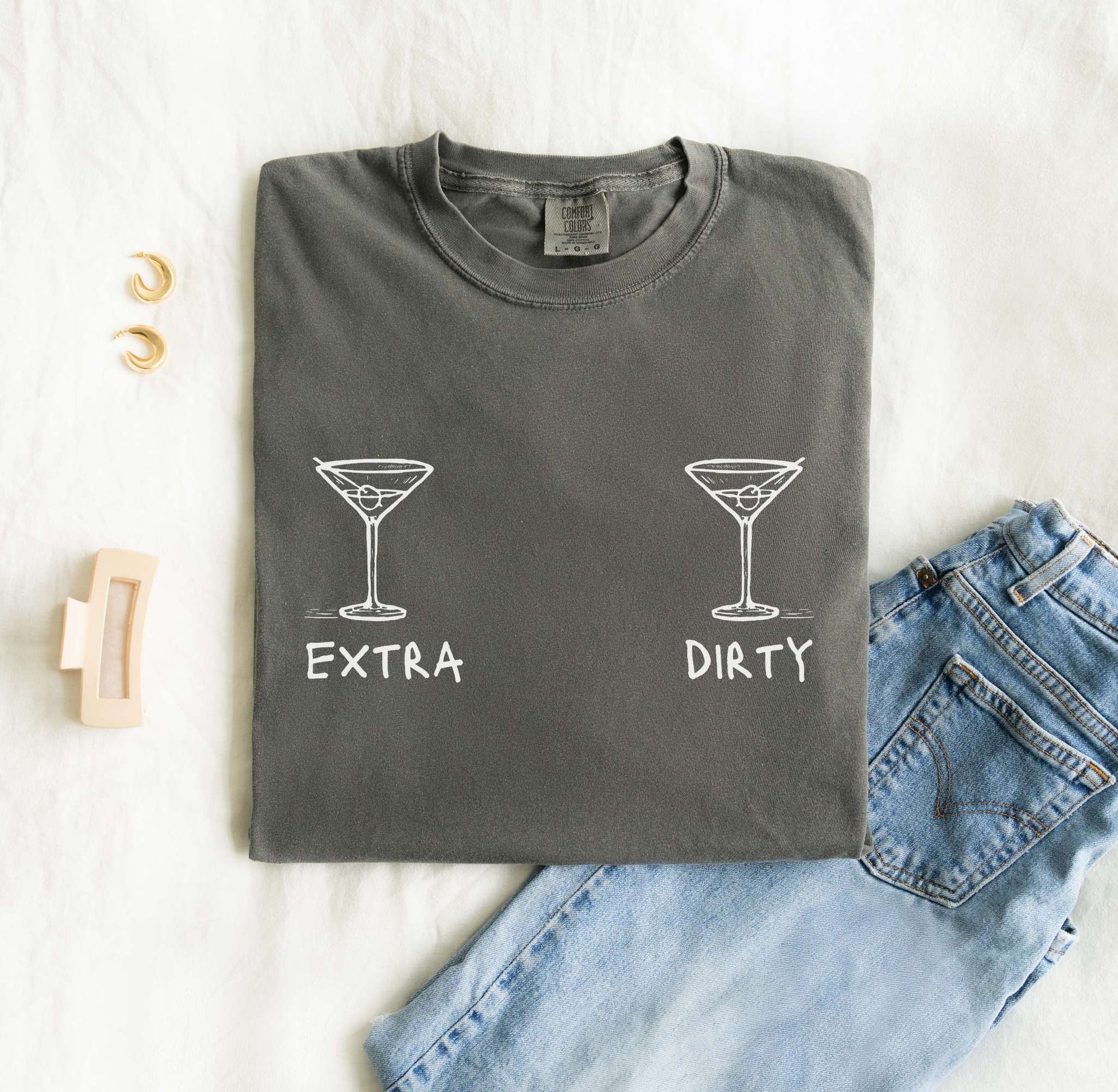 T-shirt with two martini glass illustrations and 'Extra' and 'Dirty' text in black