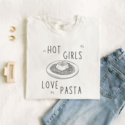 T-shirt design with 'Hot Girls Love Pasta' text and hand-drawn pasta plate illustration with stars