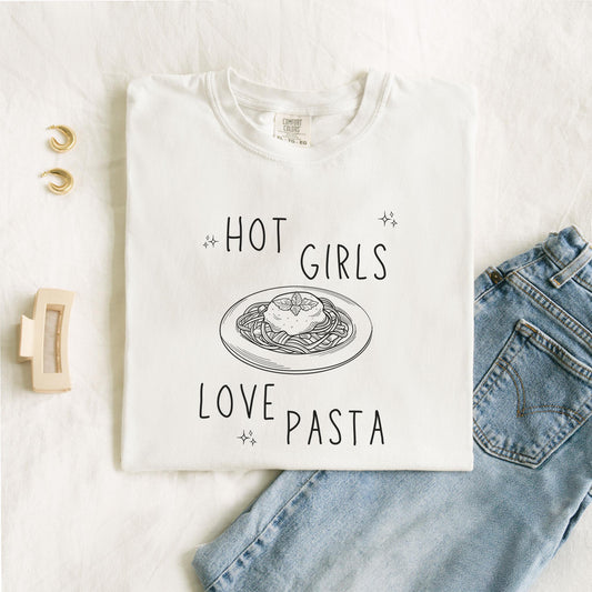 T-shirt design with 'Hot Girls Love Pasta' text and hand-drawn pasta plate illustration with stars