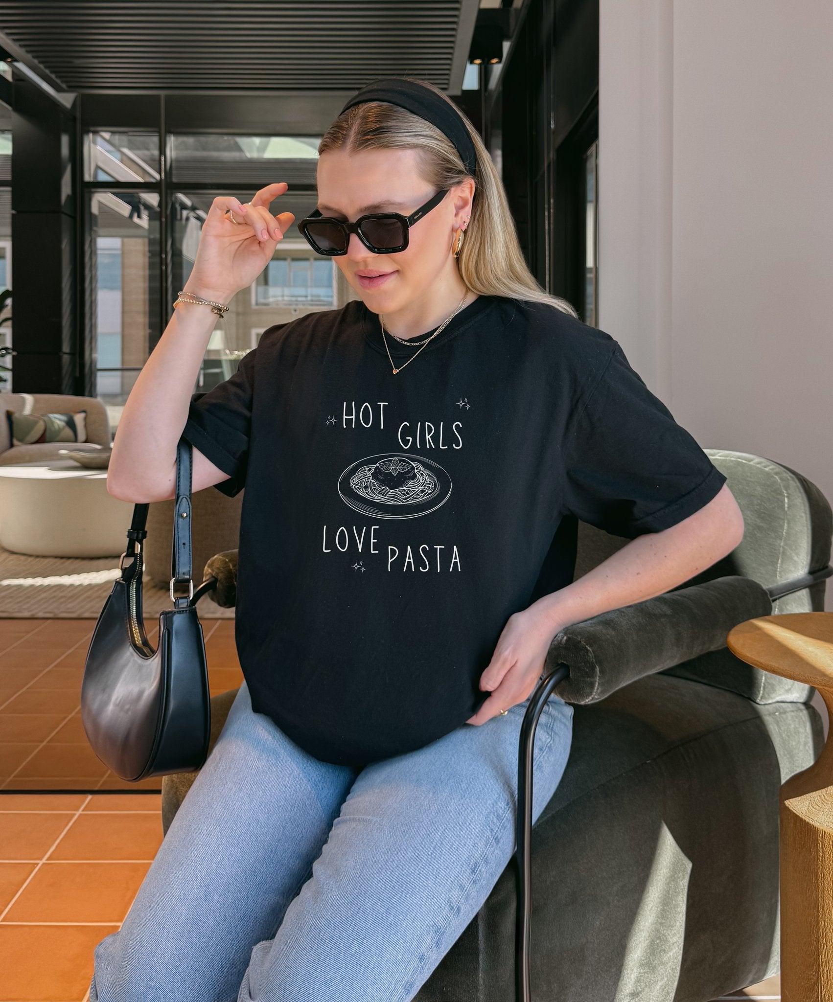 T-shirt design with 'Hot Girls Love Pasta' text and hand-drawn pasta plate illustration with stars