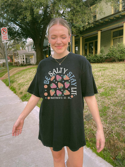 Be Salty t-shirt design with pink and orange strawberries, flowers, and Matthew 5:13-16 scripture