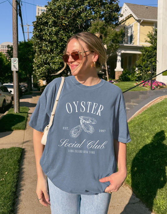 T-shirt with vintage oyster social club design featuring three detailed oyster illustrations
