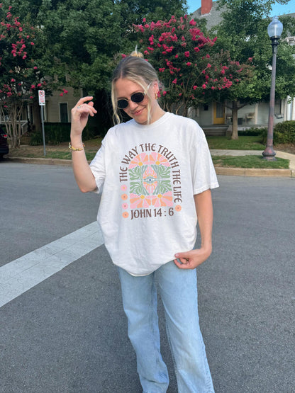 Christian t-shirt with John 14:6 verse and decorative floral mandala in pink, coral, and green
