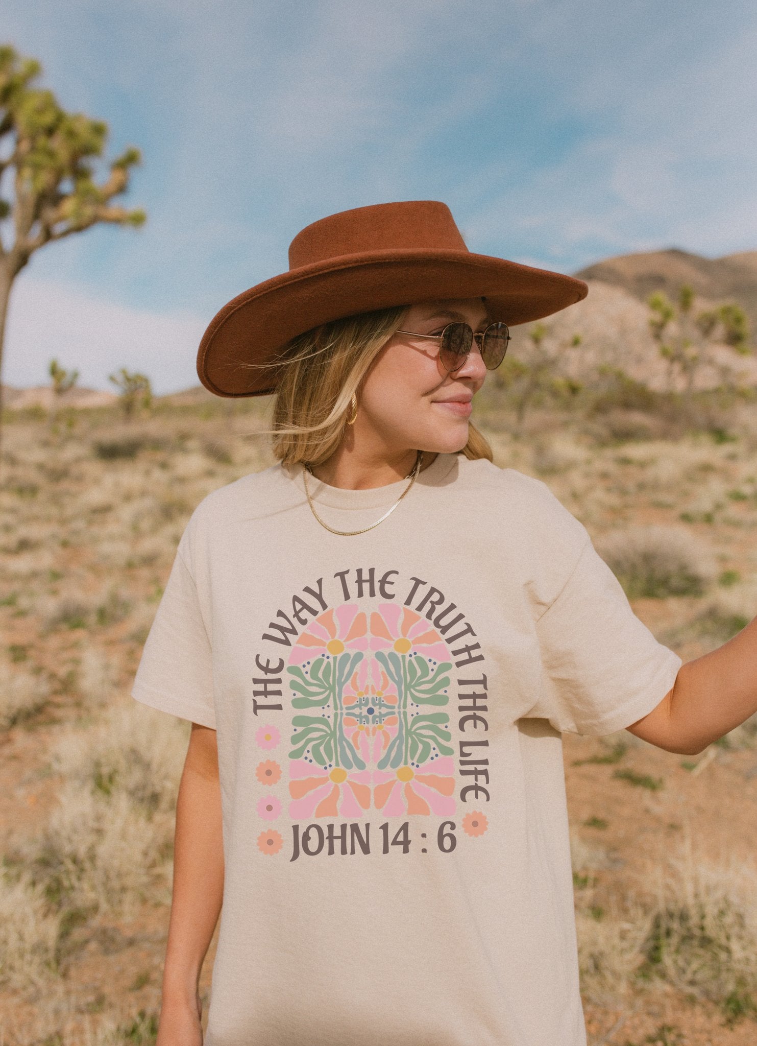 Christian t-shirt with John 14:6 verse and decorative floral mandala in pink, coral, and green