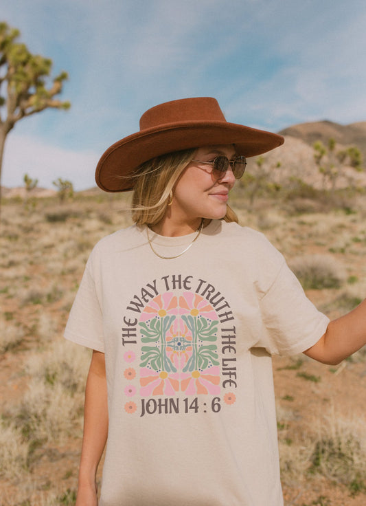 Christian t-shirt with John 14:6 verse and decorative floral mandala in pink, coral, and green
