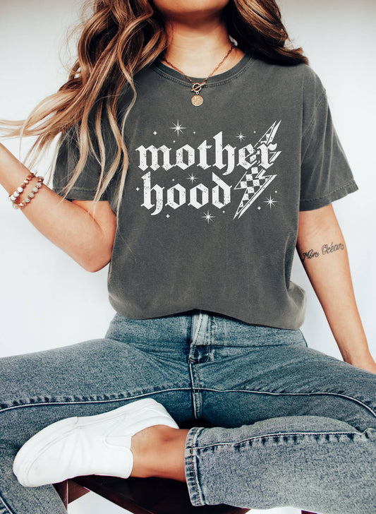 T-shirt with gothic Mother Hood text, lightning bolt graphics, and checkerboard pattern elements