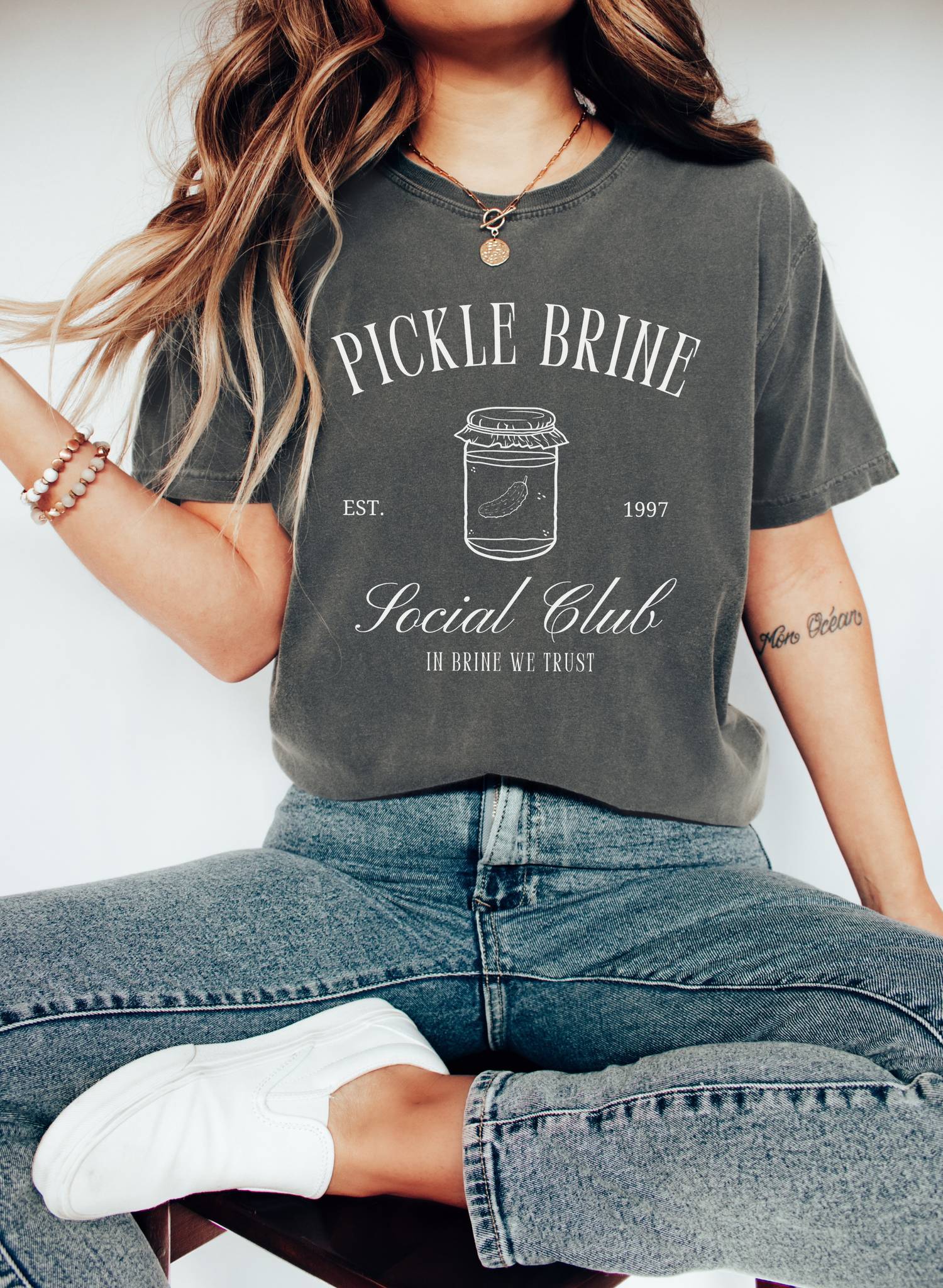 T-shirt with vintage pickle brine social club design featuring mason jar with pickle illustration