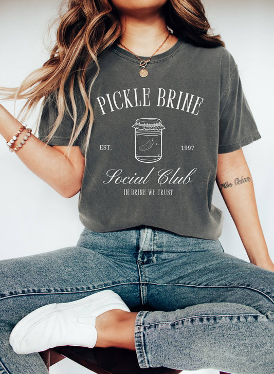 T-shirt with vintage pickle brine social club design featuring mason jar with pickle illustration