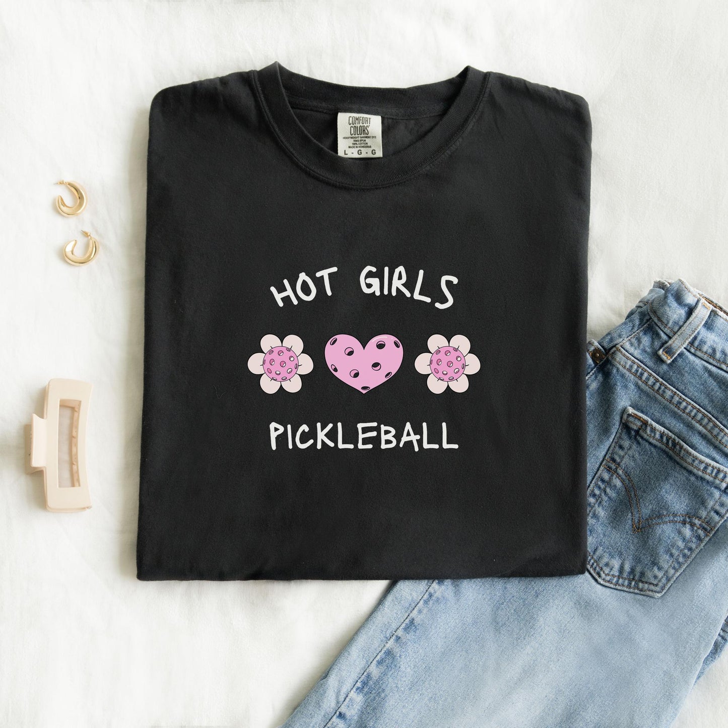 T-shirt with 'Hot Girls Pickleball' text and pink pickleballs designed as flowers and heart
