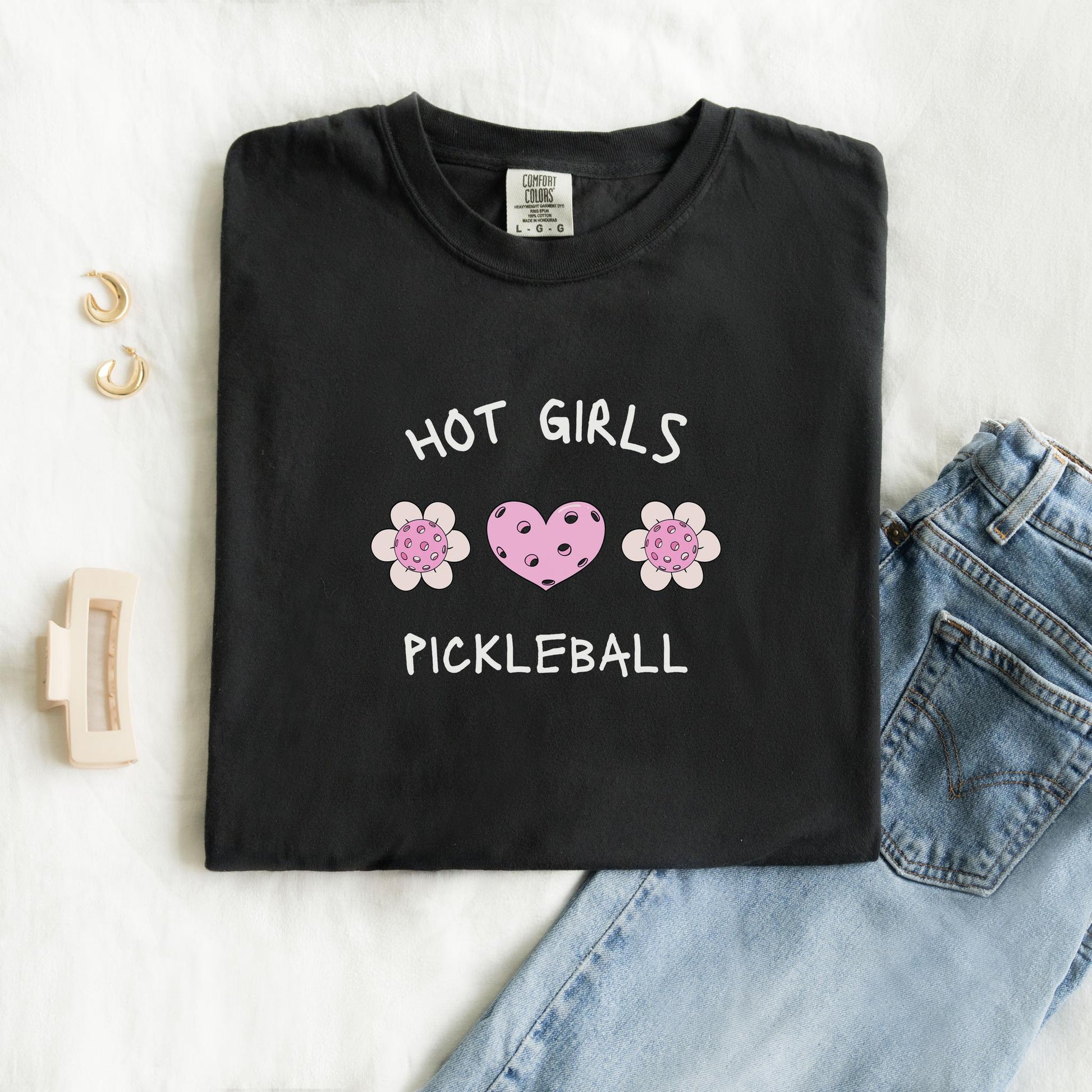 T-shirt with 'Hot Girls Pickleball' text and pink pickleballs designed as flowers and heart