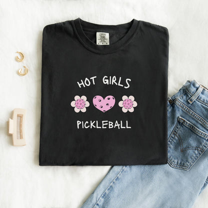 T-shirt with 'Hot Girls Pickleball' text and pink pickleballs designed as flowers and heart